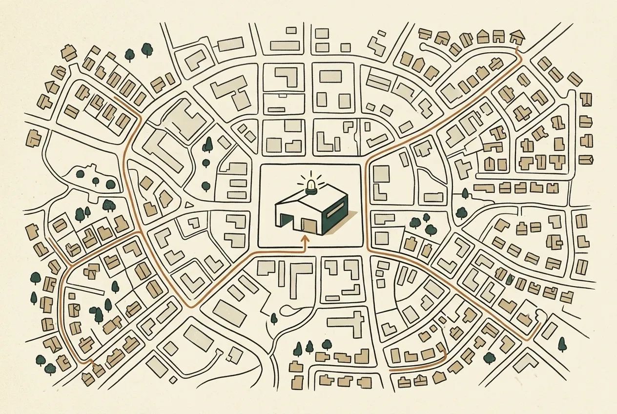 An overhead town map where streets and an orange thread guide visitors straight to a well-marked central workshop.