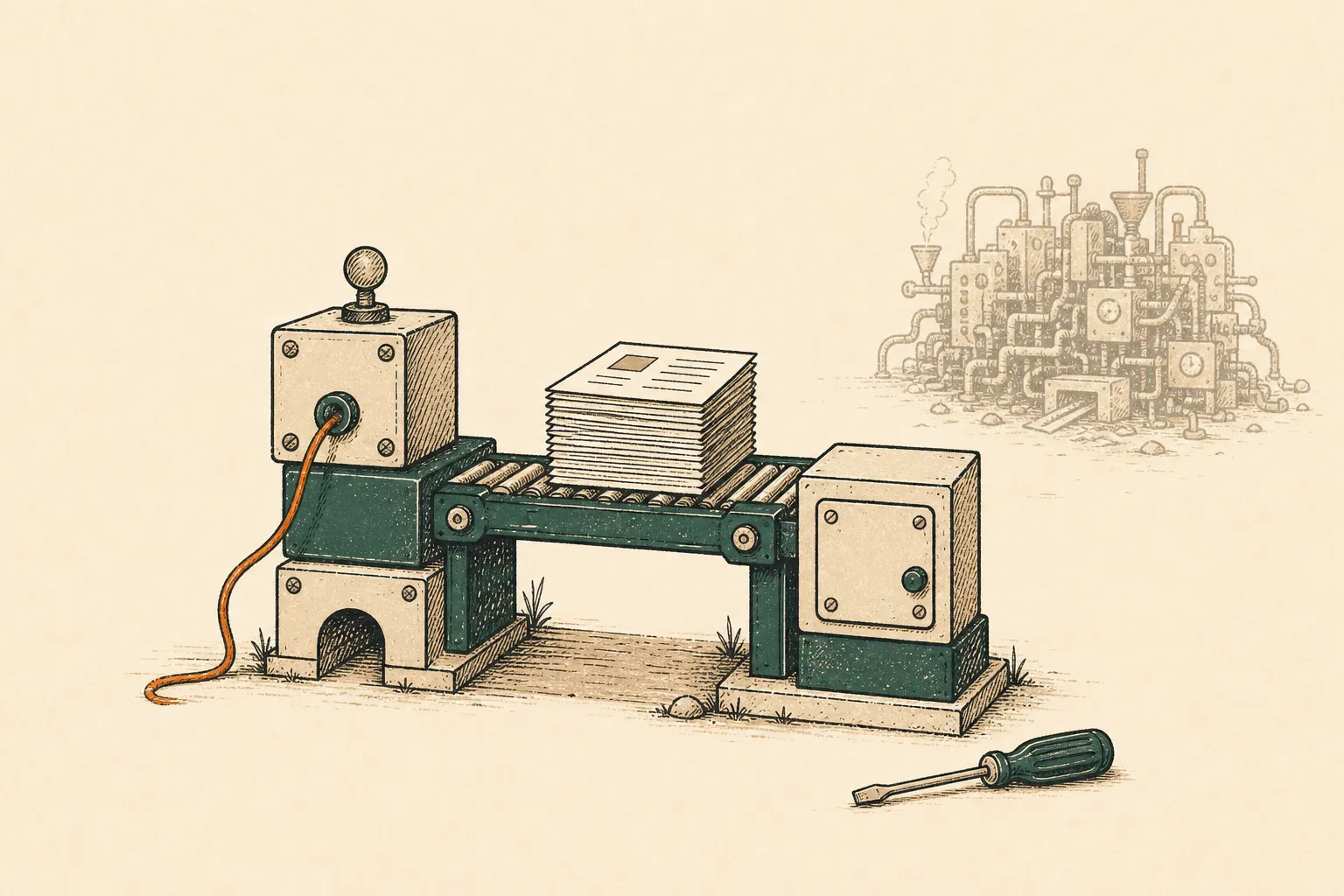 A simple maintainable machine carries documents while unnecessary machinery sits in the distance.